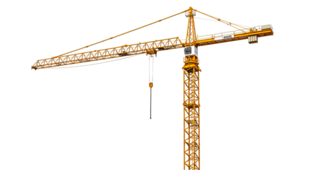 A yellow construction crane against a black background with a geometric design and a hanging hook