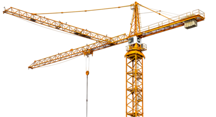 A vibrant yellow construction crane stands tall against a stark black background in a full shot view