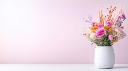 Naklejka premium A white vase filled with vibrant dried flowers on a minimalist white shelf against a soft pink background, and creating a serene and elegant composition.