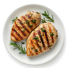 Grilled chicken breast with seared marks and herb seasoning, isolated white background, realistic painting style