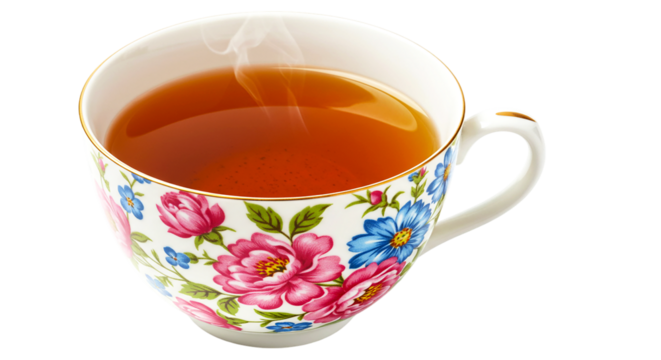 A close up of a floral tea cup filled with tea showing steam rising from the hot liquid in the cup