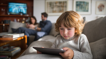 Young boy intently using a tablet while his parents relax on the sofa. 