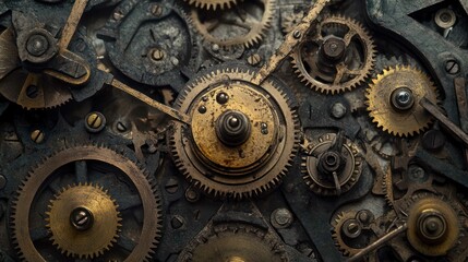 Close up of intricate and rusty gears and cogs of a vintage mechanism.