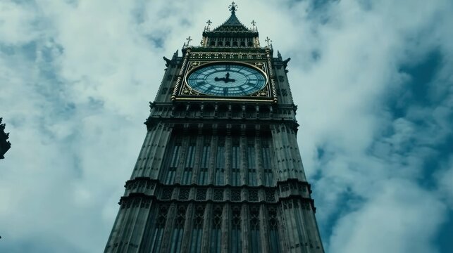 Low angle view of the Big Ben clock tower against a cloudy sky in London.