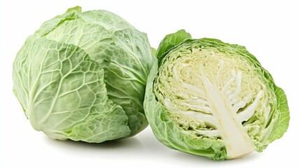 A close-up of a fresh whole and halved green cabbage on a white backdrop.