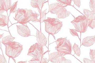 Elegant rose pattern with delicate line work. Soft pink flowers and leaves create a romantic and visually pleasing design. 