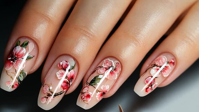 Floral nail art design on long nails