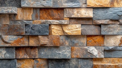 Multicolored stone wall cladding showing various rectangular blocks.