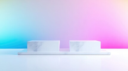 Two marble podiums on a pastel backdrop