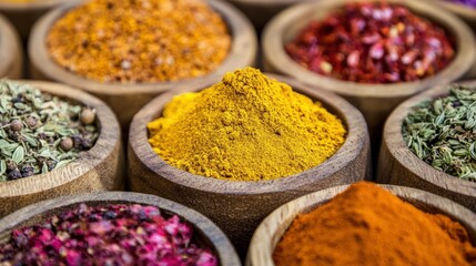 Fototapeta premium A vibrant close-up of assorted spices in wooden bowls. Food and cooking photo.