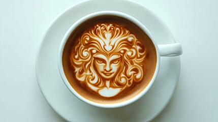 Artistic latte art of a woman's face in a white cup on a saucer viewed from directly above on a white surface