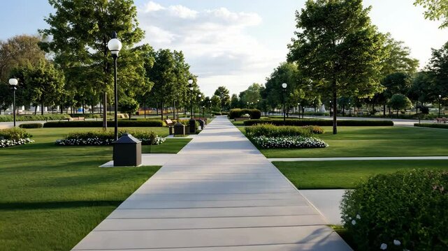 Serene Urban Park Pathway with Lush Greenery and Benches