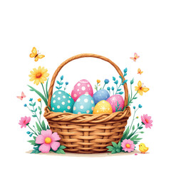 Vsai wicker basket brimming with colorful easter eggs and spring flowers