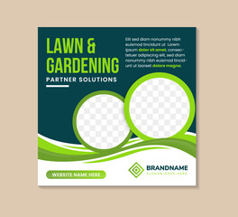 Professional modern Lawn and gardening services social media post template or web banner promotion agriculture with abstract green editable modern square poster design. vector illustration photo space