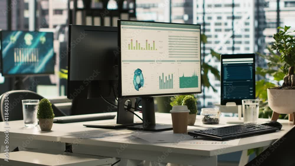 Poster modern office workspace desk with computer monitors displaying graphs, charts and data analytics, su