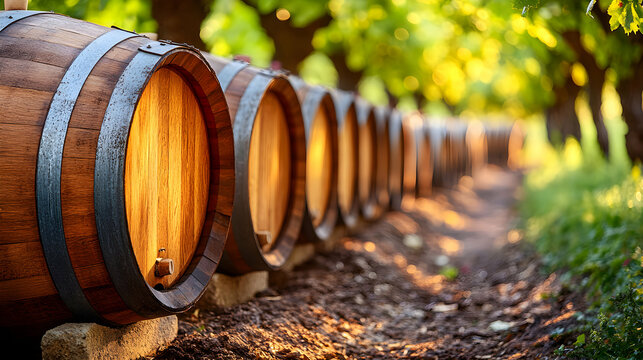 Sunlit oak wine barrels aging in a vineyard, showcasing traditional winemaking.