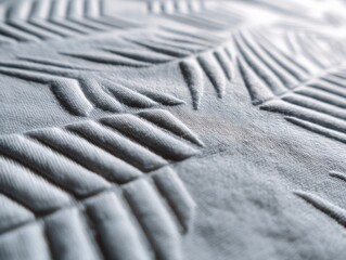 Textile surface featuring a textured pattern with raised geometric design elements, creating a visually tactile experience.  