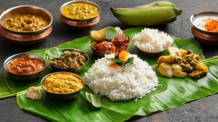Traditional food Onam sadhya served on banana green leaf, south indian vegeterian meal arranged in traditional way. Onam Sadya vegetarian meal with rice and curries, kerala food.