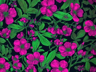 Vivid floral pattern with bright pink flowers and green leaves on a dark background, creating a striking and bold contrast.