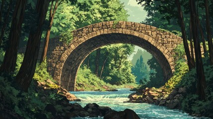 Arched stone bridge spanning a gently flowing river surrounded by dense foliage