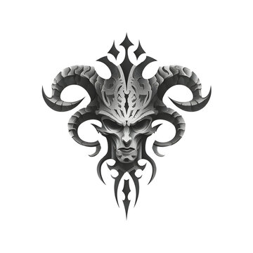 a flat vector logo of a Devil&rsquo;s face, vectorised logo asset, black logo on white background, medieval blason