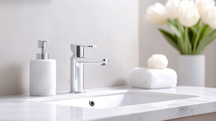 Fototapeta premium Modern bathroom sink and faucet with white tulips