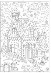Obraz premium Christmas Gingerbread House Coloring Page Festive Winter Scene with Gifts and Trees.