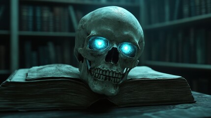 A skull with glowing blue eyes rests on an ancient book in a library.