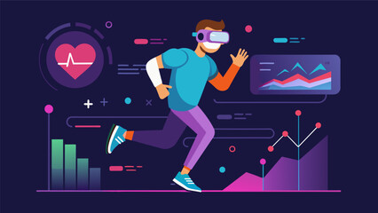 A VR fitness game that tracks your steps and heart rate as you explore a virtual world using the data to adjust the difficulty level.. Vector illustration
