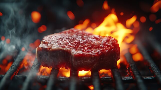 Close up of a raw steak cooking on a grill with flames rising up and smoke around the meat surface - Powered by Adobe