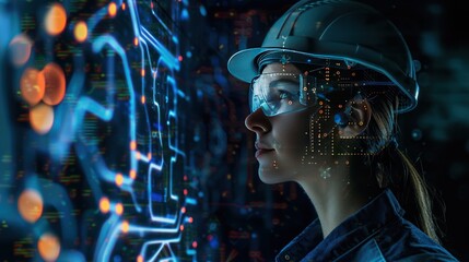 Futuristic Engineer with AR Glasses Analyzing Complex Digital Network