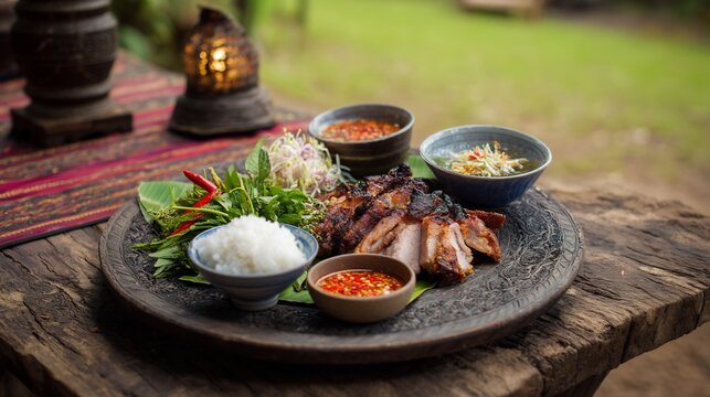 Dinner platter of Thailand style grilled pork neck kor moo yang sticky rice chili dip and herbs rustic table setup in authentic Thai countryside outdoor lighting