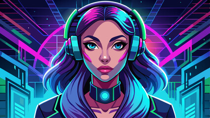 Beauty woman with headphones looking at the camera illuminated by neon lights