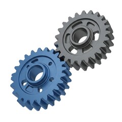 3d gear mechanism stock image: blue and gray gears isolated on white background