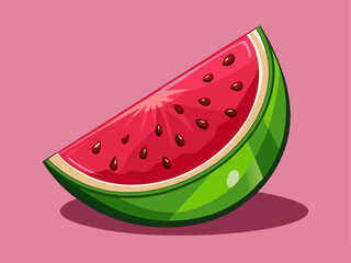 A professional vector of juicy watermelon slice with green rind detail, placed on a solid fresh pink background