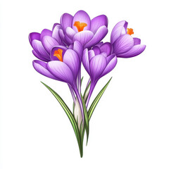 Bright and realistic crocus flowers stand out against a pure white background, showcasing their vibrant colors and delicate petals.
