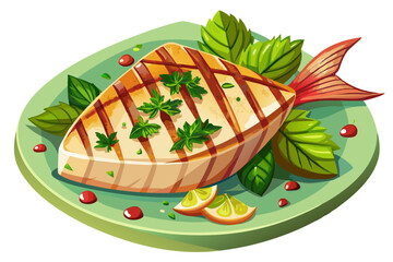 vector of A treat for seafood lovers, a Grilled Swordfish Steak well seasoned with a blend of secret herbs and spices grilled to perfection, garnished with a ready-to-eat mint sauce.