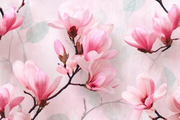 Obraz premium Delicate pink magnolia blossoms in full bloom evoke springtime serenity. Artistic floral display against a watercolor background.