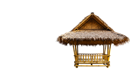 Wooden bamboo gazebo hut with straw roof isolated on white background, ideal for tropical resort designs, rural housing visuals, traditional structures, and eco-friendly architectural content