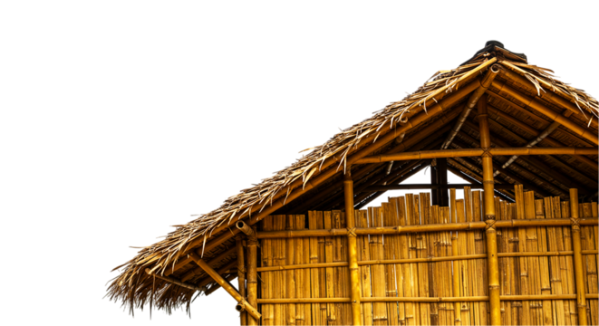 Traditional thatched bamboo roof hut isolated on white background, perfect for rural architecture themes, eco-friendly housing, village scenes, and sustainable lifestyle illustrations