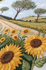 Embroidered Sunflower Fields in a Countryside Landscape