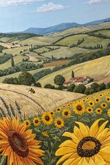 Embroidered Sunflower Fields in a Countryside Landscape