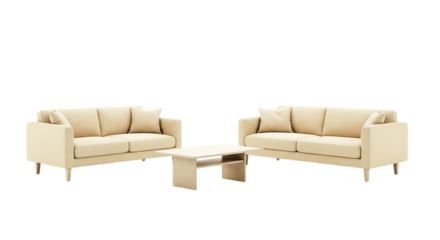Elegant light cream-colored couch and sofa furniture set with center table on white background, ideal for home decor, living room layout planning, and interior design advertisements