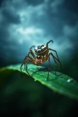 Fototapeta premium Close-up of a spider on a leaf in dramatic lighting.