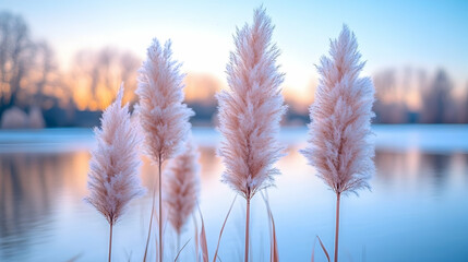Serene sunset landscape featuring delicate pampas grass plumes near a tranquil lake, showcasing soft pastel colors and a peaceful atmosphere.