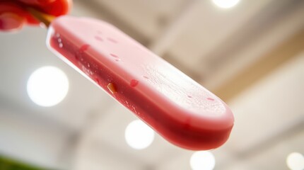 Close-up of a pink popsicle with a blurred background.