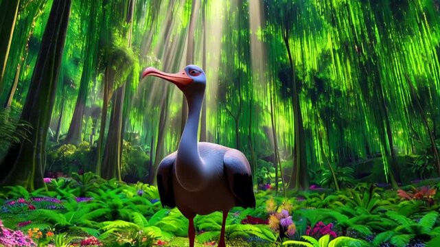 Extinct prehistoric Dodo bird gracefully strolls through a vibrant jungle filled with lush ferns and moss covered rocks
