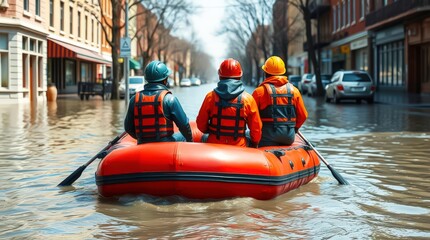 Rescue workers navigate a flooded street in a lifeboat.