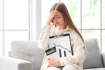 Bankrupt young woman with calculator and clipboard at home