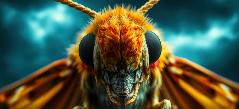 Close-up of a vibrant orange moth against a blue sky background. - Powered by Adobe